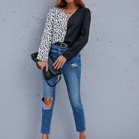 Colorblock Leopard V-Neck Blouse - Picture 6 of 8